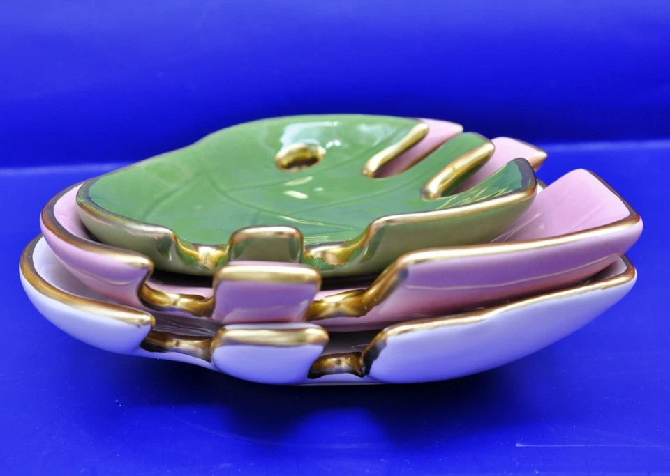 Vagabond Goods 3 Piezas Cerámica Monstera Joyería Plato - Rosa, Blanco, Verde, Dorado Foto 2 de 4