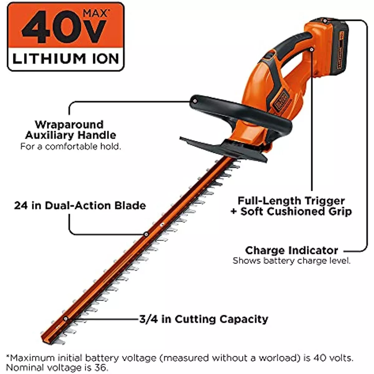  BLACK+DECKER 40V MAX Hedge Trimmer, Cordless, 24-Inch Blade,  Battery and Charger Included (LHT2436) : Power Hedge Trimmers : Patio, Lawn  & Garden