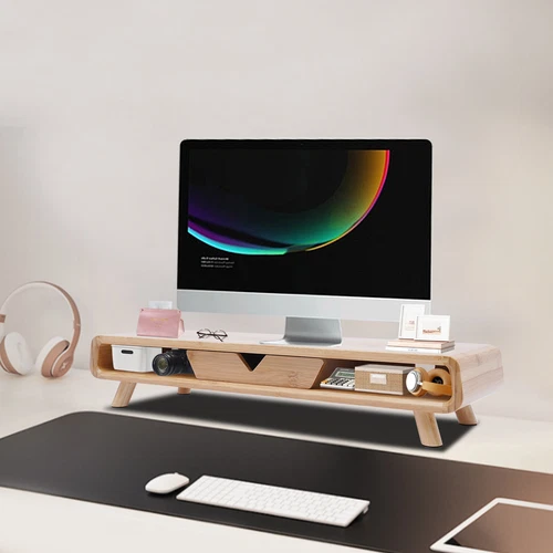 Bamboo Monitor Stand 24in W/ Drawer Desktop Stand Office Back Baffle Gift Modern - 第 4/6 張圖片