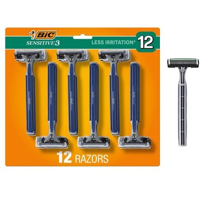 BIC Sensitive 3 Disposable Razors for Men With 3 1 Count (Pack of 12), Gray