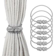 6Pcs Magnetic Curtain Tieback, Decorative Weave Curtain Tie Back, Silver Grey