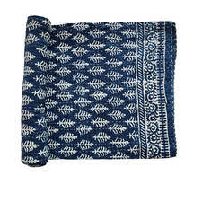 Indigo Indian Floral Hand Block Printed Cotton Quilted Kantha Bedcover Spread