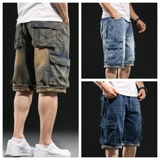Men Baggy Loose Denim Shorts Hip Hop 3/4 Length Jeans Pants Roll Up Multi Pocket