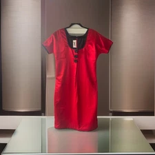 Geoffrey Beene VTG 60s Satin Red Dress Short Sleeves Rose  Accents Designer Sz 8