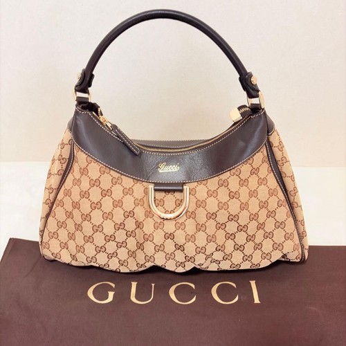 GUCCI Shoulder Hand bag GG Abby Vintage Beige Brown Canvas Leather Used Women