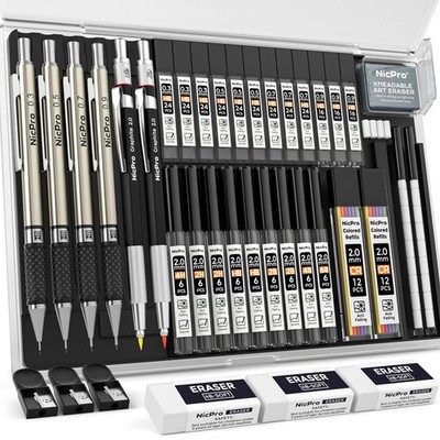 Nicpro 37-teiliges Kunst Druckbleistift-Set, 4-teilig Metallzeichnung schwarz 