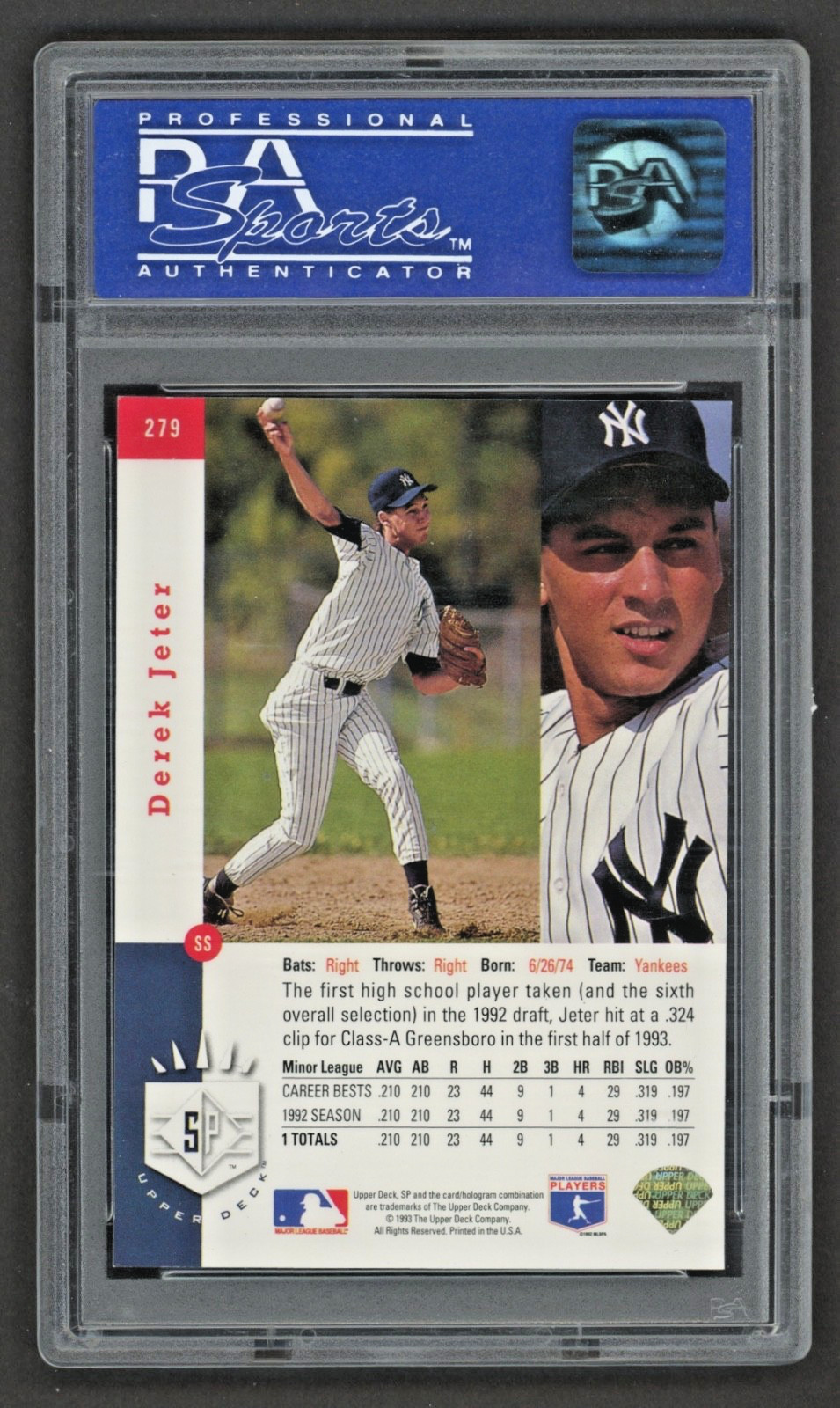 1993 SP #279 DEREK JETER ROOKIE PSA 8 NM-MT "Yankee Legend" view 2