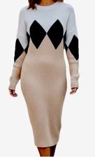 Women’s Sweater Dress Sz 1X Diamond Knit Mod Retro Midi Cuff Sleeves Modest Sexy