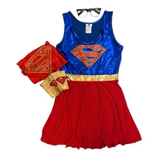Supergirl Women's Dress, Glasses, Cape & Wrist Cuffs Costume Set (XL)