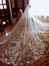5M Cathedral Length Stars Appliqu Lace Bridal Wedding Dress ivory Wear directly