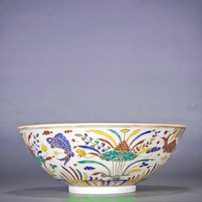 11.6"DaMing Chenghua Marked Wucai Porcelain Lotus Flower Fish Pattern Bowl Bowls