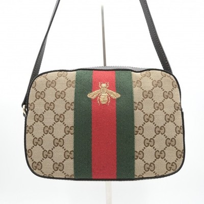 Gucci GG Canvas Web Bee Embroidered Shoulder Bag Beige