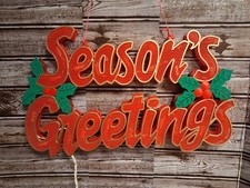 Vtg SEASONS GREETINGS w/ Holly Light Up Plastic Sign 17"x 10" Christmas Decor