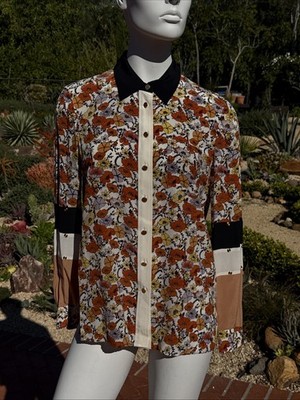 Tory Burch Silk Shirt Ditsy Blossom Patchwork Stud Print Floral Orange Blue Ivor
