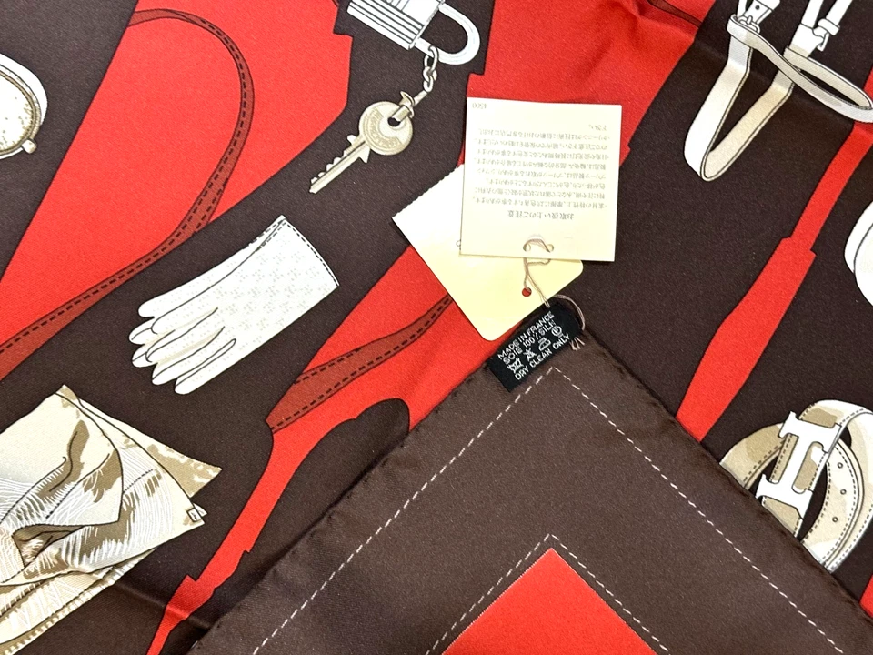 NEW ! VTG HERMES Monsieur et Madame Carre 90 silk scarf Brown Red #y5051 - Image 3 of 4