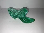 Vintage Fenton Green Vaseline Glass Opalescent Hobnail Slipper Shoe w Cat Head
