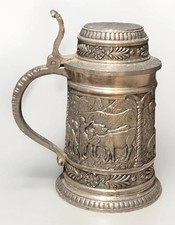 German Vintage Pewter Beer Stein SKS Zinn 95% Shepherds Livestock Hinged Lid