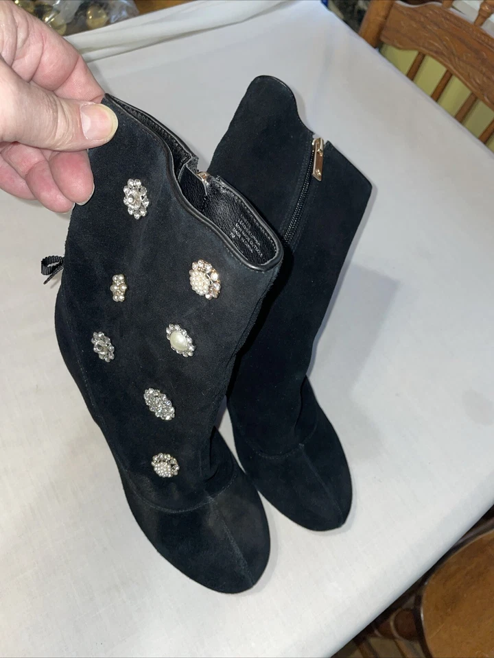Nanette Lepore Botines Mujer Talla 7 M Negro Gamuza Cuero Joya Incrustada Foto 4 de 4