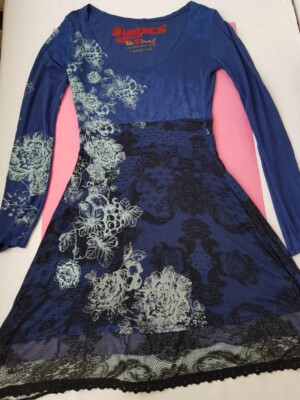 Desigual Lace Navy Blue Printed Midi Dress Damask Tiered Hemline Sz S | eBay