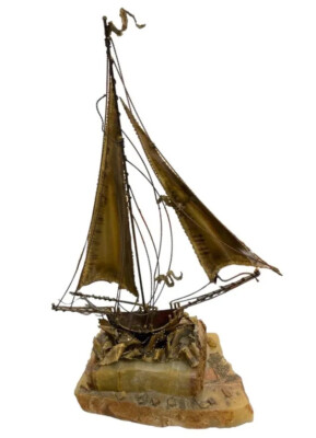 Unique Vintage MCM Brutalist Brass Sailboat Ship Sculpture Marble Base 20'' Tall