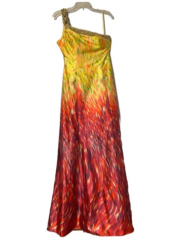 Vintage 90s Y2K Sean Collection Rainbow Silk Whimsical Maxi Dress One Shoulder 8 - Picture 10 of 15