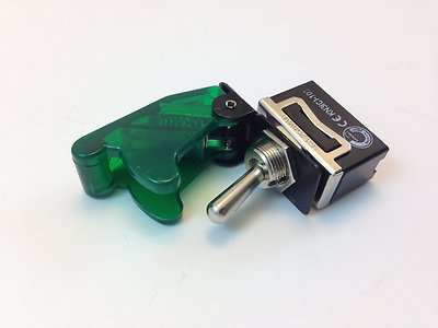 ON/OFF SPST 2P TOGGLE SWITCH SPADE TERM w/COVER TRANS GREEN 20A  #661901/665020