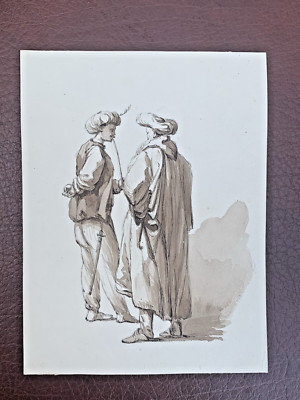Antikes Sepia Aquarell aus dem 19. Jahrhundert mit zwei männlichen Figuren in arabischer Tracht