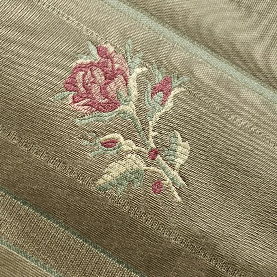 Vintage Olive French Stripe Floral 100% Cotton Upholstery Fabric 50" B/T Yard - Image 4 of 4