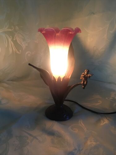 Tulip Table Lamp w/ Leaves Pink Green Yellow Glass, Metal Cherub Playing Violin - Picture 6 of 18