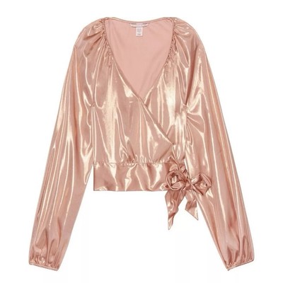 Victorias Secret Wrap Blouse Size Medium Metallic Rose Pink Shine Shimmer Top
