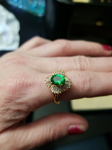 Vintage AFJ Gold Over Sterling Emerald Green & Clear Stones Ring Size 9.75 - Picture 2 of 5