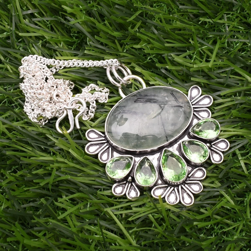 Ciondolo prehnite in argento sterling 925 con pietre preziose fatte a mano 2,15" - Immagine 2 di 4
