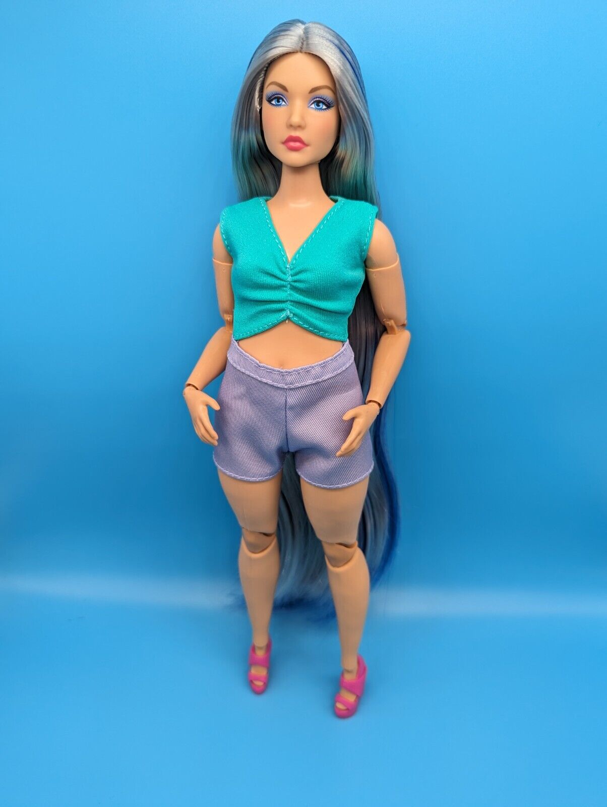 OOAK Custom Reroot Barbie Signature Looks Doll 16 Andra Long Silver Blue Hair