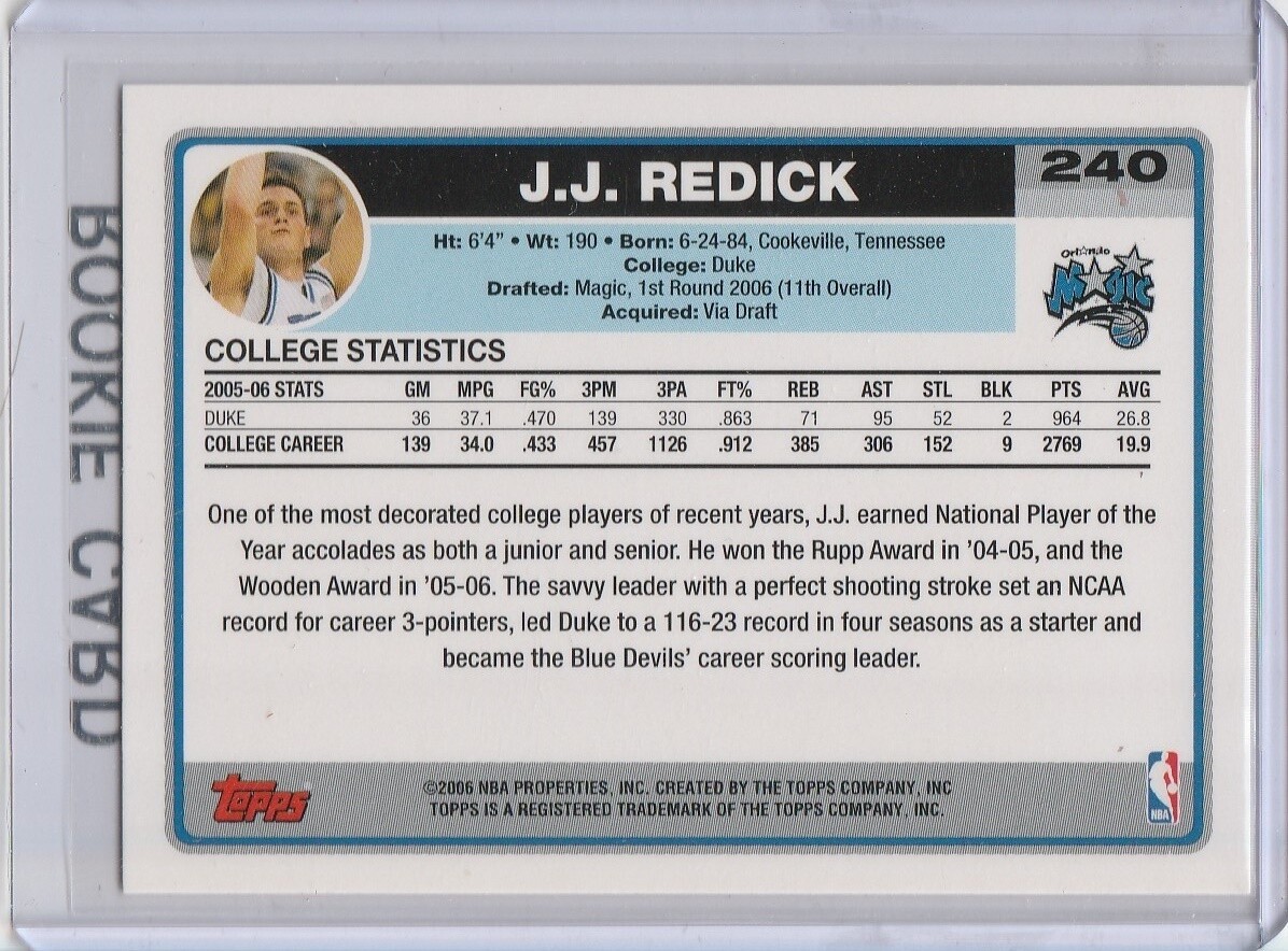 J.J. REDICK Duke Blue Devils BASKETBALL ROOKIE CARD 2006/07 Topps