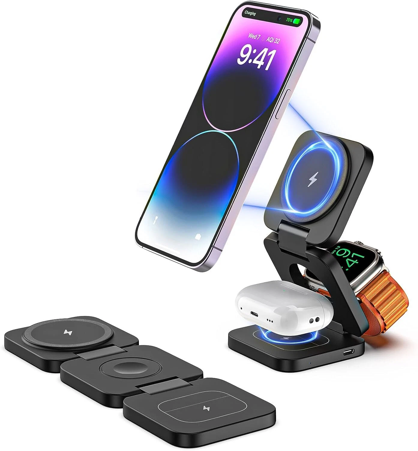 Wireless Charger Foldable Charging Station for iPhone 15 Pro Max AirPods Watch-image