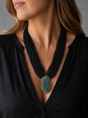 Vintage Moss Agate Pendant Necklace, Multi Strand Black Bead Bohemian Necklace - Image 1 of 4