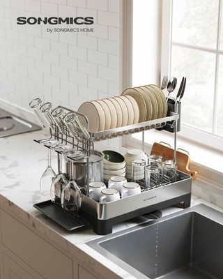 2-Tier Dish Drying Rack w Extendable Spout Utensil Cup Silver Gray