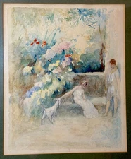 Exquisite Antique original Henri Le Riche Ladies with dog watercolor painting