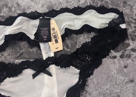 NWT VICTORIA'S SECRET DREAM ANGELS S WHITE SMOOTH BLACK LACE RARE THONG PANTIES