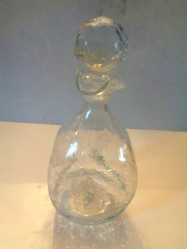 BLENKO CLEAR CRACKLE GLASS PINCHED DECANTER WITH STOPPER