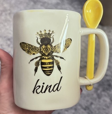 Arlington Designs Bee Kind Mug With Stir Spoon Lg 24oz Coffee Tea White Yellow