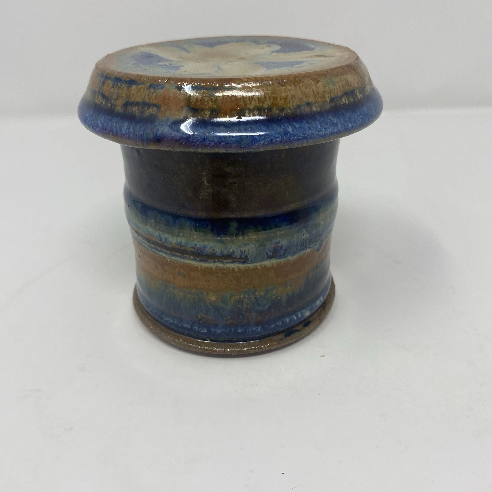 Studio Pottery Butter Bell Crock French Beurre Drip Glaze Blue Green Brown