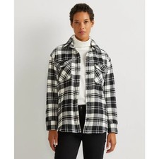 Eddie Bauer Womens Medium Shacket Plaid Sherpa Lined Flannel Shirt Jacket Top