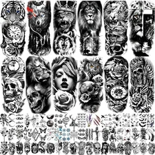 72 Sheets Temporary Tattoo for Men Women Adults, Include 12 Sheets Black 3D Half
