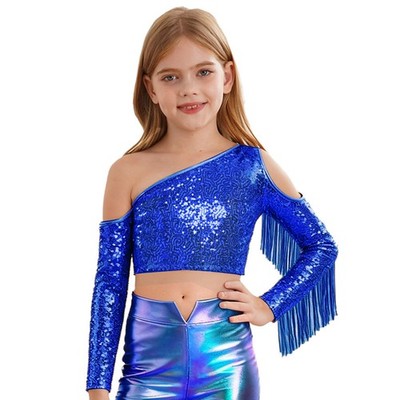 Kids Girls Shirt Cheerleading Vest Shiny Crop Top One Shoulder Concert Hip Hop