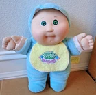1987 CABBAGE PATCH KIDS BABYLAND BALD GREEN EYES DIMPLE BLUE PLUSH BOY w/RATTLE