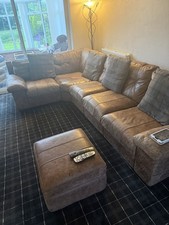 Brown Leather Corner Sofa Sectional w/ Ottoman, 6 Seater, 10ft Modern