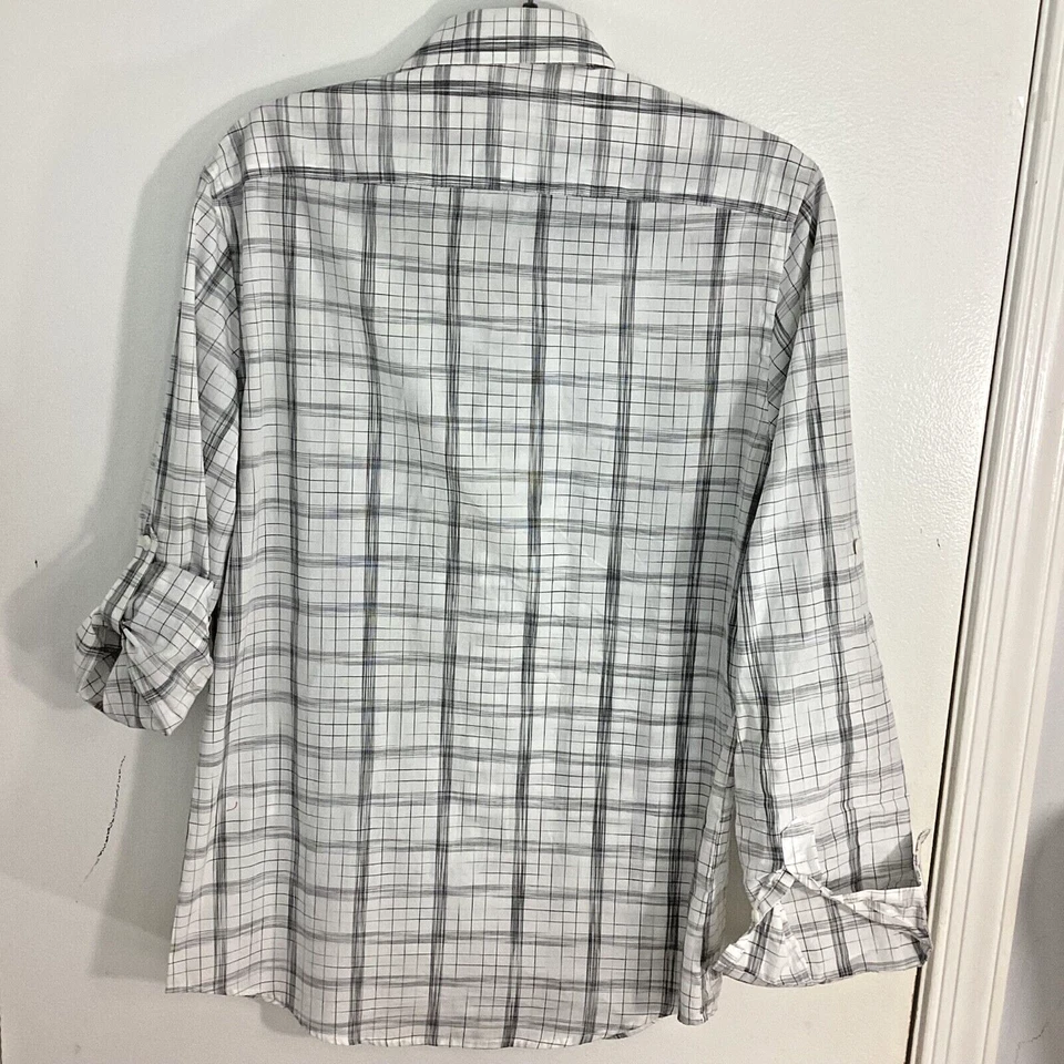 ALFANI MEN SLIM FIT SIZE SMALL COTTON BUTTON UP SHIRT PLAID WHITE BLACK - Image 2 of 4