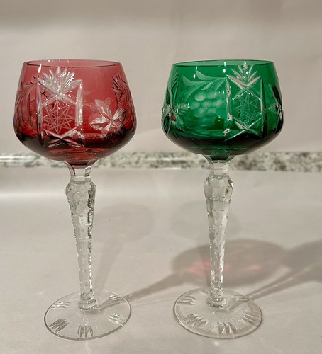 Two Bohemian Crystal Hock Wine Glass Set Cranberry Red Emerald Green, 8” - Picture 3 of 10