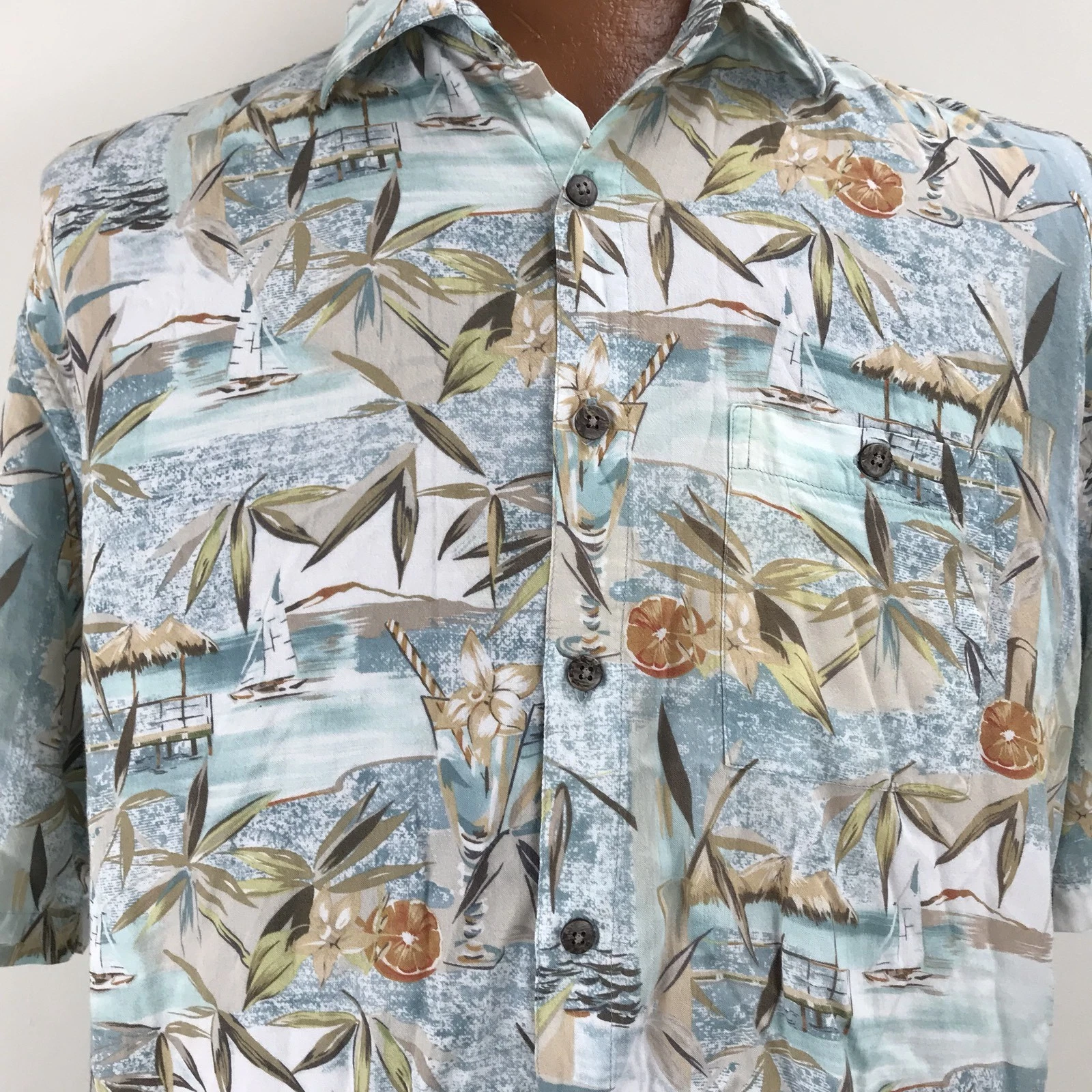Campia Moda Hawaiian Aloha Shirt Sz L Rayon Tiki Huts Sailboat Hibiscus Floral